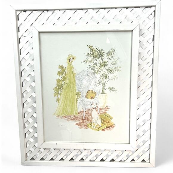 VINTAGE Lattice Lithograph Gloria Eriksen 1970s Whippet Dog Garden 16X20 Frame - Picture 1 of 7
